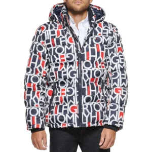 TOMMY HILFIGER CASACA ACOLCHADA CON CAPUCHA PARA HOMBRE | Large | Abstract Red White Blue Logo