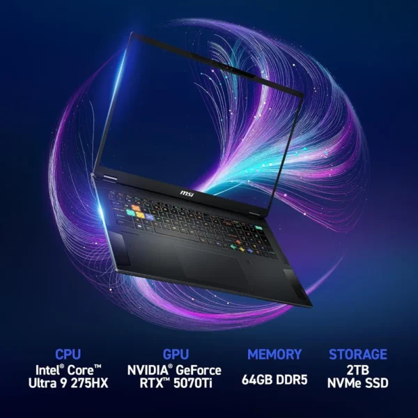 LAPTOP MSI STEALTH 18 HX AI 18″ INTEL ULTRA 9 RTX 5070 TI 64GB 2TB | NEGRO