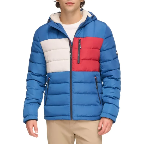 CASACA ACOLCHADA TOMMY HILFIGER FORRO SHERPA PARA HOMBRE | M | Royal Blue Flag Print