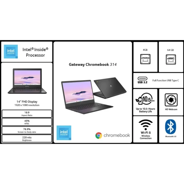 LAPTOP ACER GATEWAY CHROMEBOOK 314 14″ INTEL CELERON 4GB 64GB | NEGRO ESTELAR