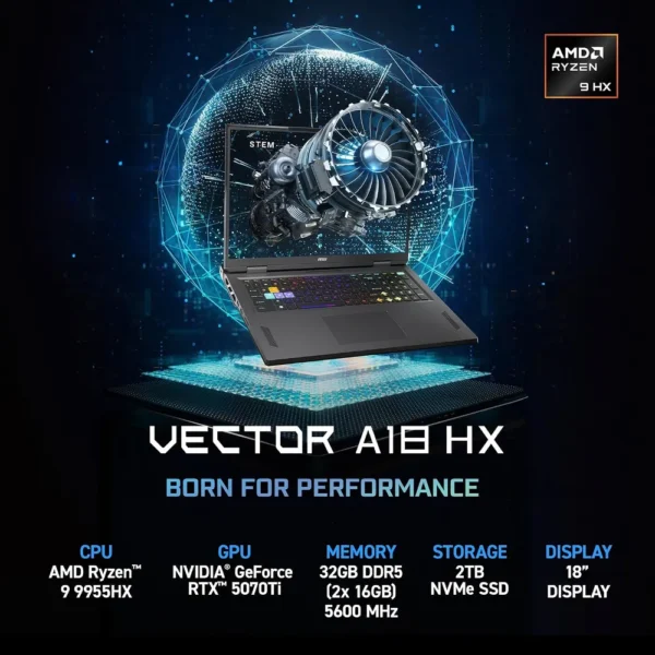 LAPTOP MSI VECTOR A18 HX 18″ RYZEN 9 RTX 5070 TI 32GB 2TB | GRIS COSMOS