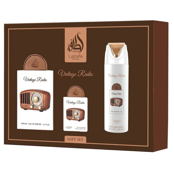 SET DE REGALO LATTAFA PRIDE VINTAGE RADIO EDP HOMBRE 3 PZS