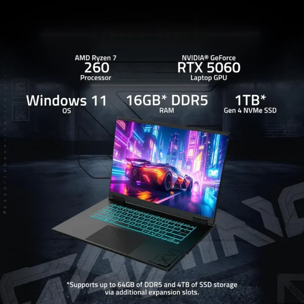 LAPTOP GIGABYTE GAMING A16 16″ RYZEN 7 RTX 5060 16GB 1TB | NEGRO