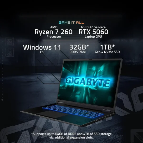 LAPTOP GIGABYTE GAMING A18 18″ RYZEN 7 RTX 5070 32GB 1TB | ACERO NEGRO