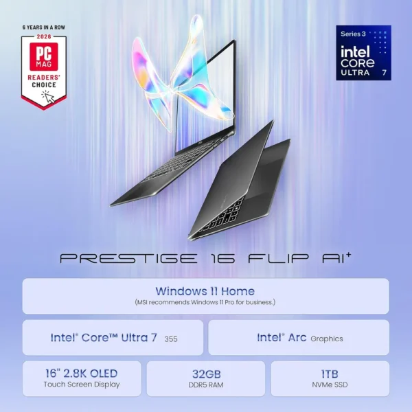 LAPTOP MSI PRESTIGE 16 FLIP AI+ 16″ INTEL ULTRA 7 INTEL ARC 32GB 1TB | GRIS PLATINO