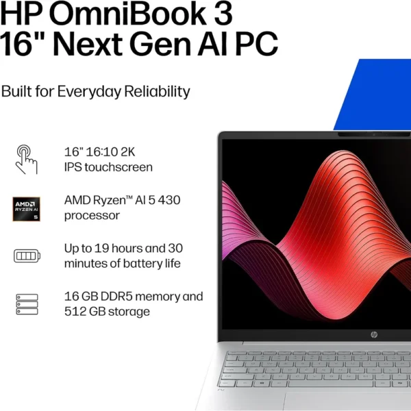 LAPTOP HP OMNIBOOK 3 16″ RYZEN AI 5 16GB 512GB | PLATA GLACIAR