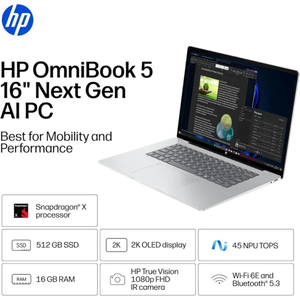 LAPTOP HP OMNIBOOK 5 16″ SNAPDRAGON X 16GB 512GB | PLATA GLACIAR