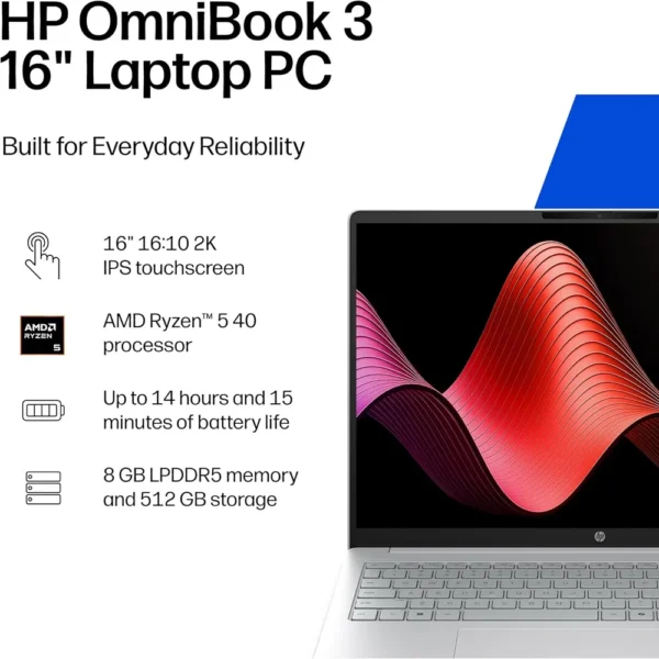 LAPTOP HP OMNIBOOK 3 16″ RYZEN 5 8GB 512GB | PLATA GLACIAR