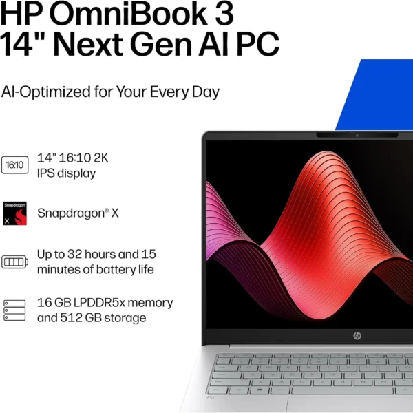 LAPTOP HP OMNIBOOK 3 14″ SNAPDRAGON X 16GB 512GB | PLATA GLACIAR