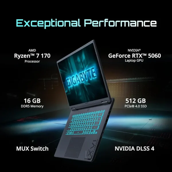 LAPTOP GIGABYTE GAMING A16 16″ RYZEN 7 RTX 5060 16GB 512GB | ACERO NEGRO