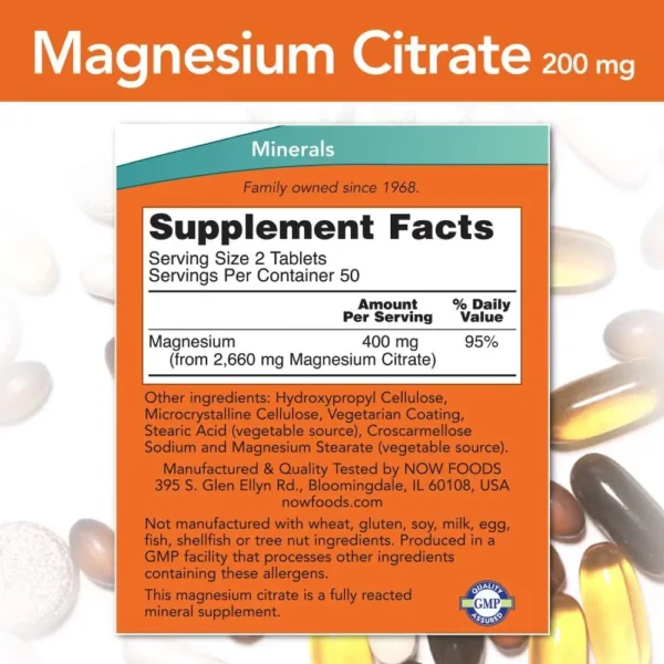 CITRATO DE MAGNESIO NOW FOODS 200 MG 100 TABLETAS
