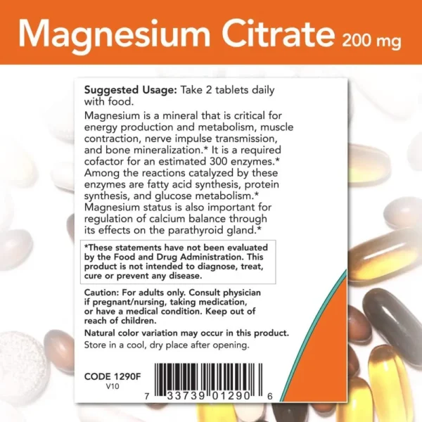 CITRATO DE MAGNESIO NOW FOODS 200 MG 100 TABLETAS