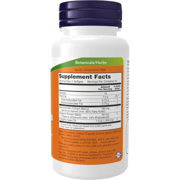 PYGEUM + SAW PALMETTO NOW FOODS CON ACEITE DE SEMILLA DE CALABAZA 60 CÁPSULAS BLANDAS