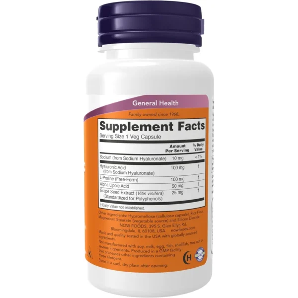 ÁCIDO HIALURÓNICO NOW FOODS 100 MG CON L-PROLINA + ÁCIDO ALFA LIPOICO 60 CÁPSULAS