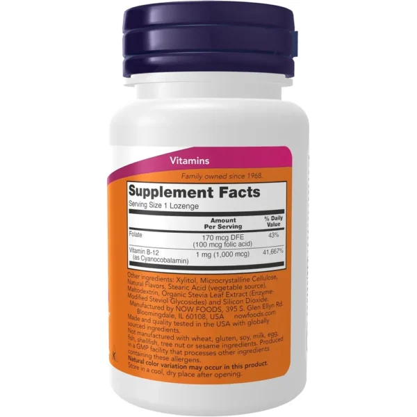 VITAMINA B12 NOW FOODS 1000 MCG CON ÁCIDO FÓLICO 100 PASTILLAS MASTICABLES