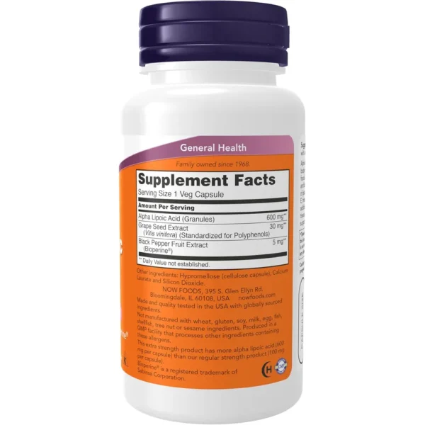 ÁCIDO ALFA LIPOICO NOW FOODS 600 MG CON SEMILLA DE UVA + BIOPERINE 60 CÁPSULAS