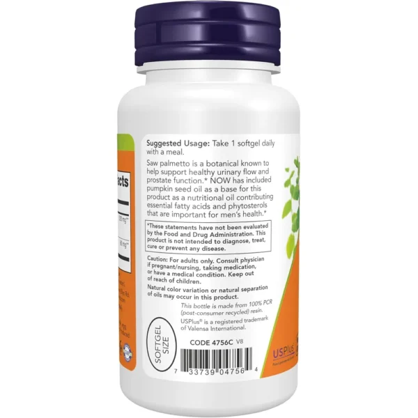 SAW PALMETTO NOW FOODS 320 MG CON ACEITE DE SEMILLA DE CALABAZA 90 CÁPSULAS BLANDAS