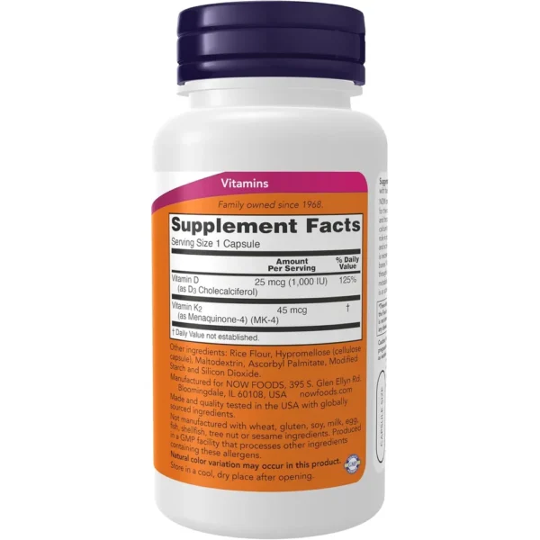b0019qt9la_2.webp VITAMINA D3 + K2 NOW FOODS 1000 UI / 45 MCG 120 CÁPSULAS