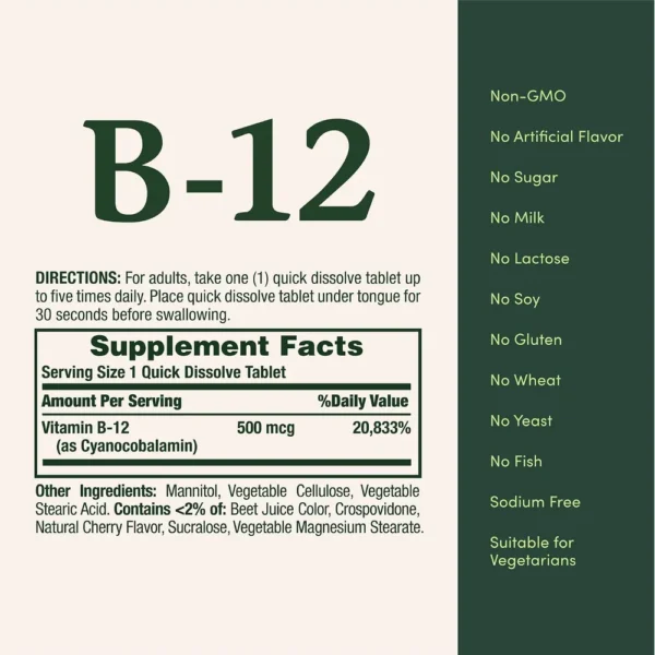 VITAMINA B12 QUICK DISSOLVE NATURE'S BOUNTY 500 MCG 100 TABLETAS