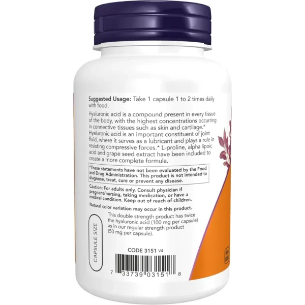 ÁCIDO HIALURÓNICO NOW FOODS 100 MG CON L-PROLINA + ÁCIDO ALFA LIPOICO 120 CÁPSULAS