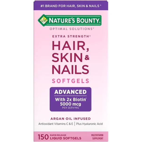 CABELLO PIEL Y UÑAS EXTRA STRENGTH NATURE'S BOUNTY + BIOTINA 5000 MCG 150 CÁPSULAS BLANDAS