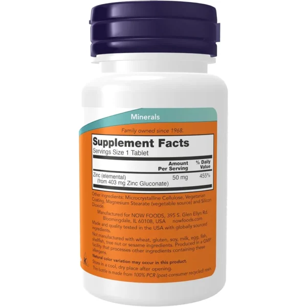 GLUCONATO DE ZINC NOW FOODS 50 MG 100 TABLETAS