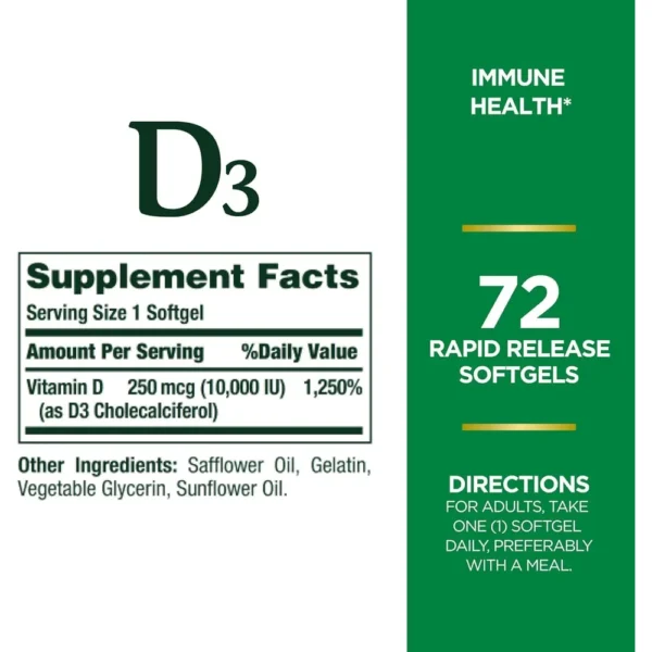 VITAMINA D3 NATURE'S BOUNTY 10000 UI 72 CÁPSULAS BLANDAS | PACK 4