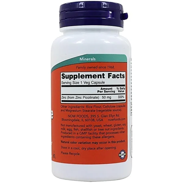 PICOLINATO DE ZINC NOW FOODS 50 MG 120 CÁPSULAS