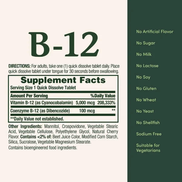 VITAMINA B12 QUICK DISSOLVE NATURE'S BOUNTY 5000 MCG CEREZA 40 TABLETAS