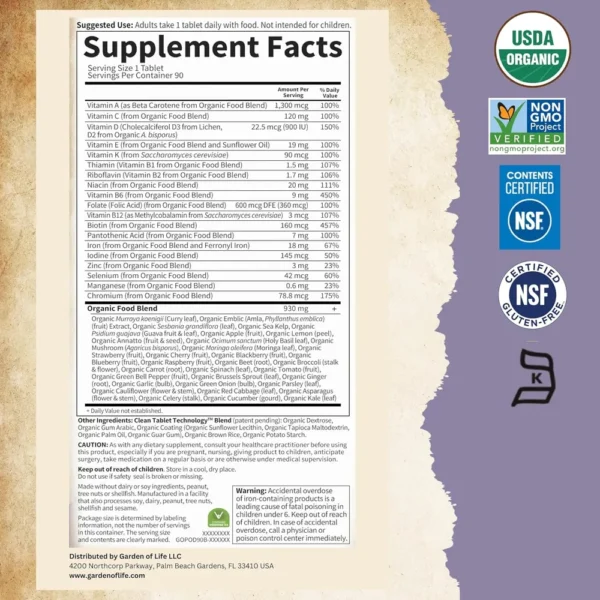 MULTIVITAMÍNICO GARDEN OF LIFE ORGANICS PRENATAL ONCE DAILY 90 TABLETAS