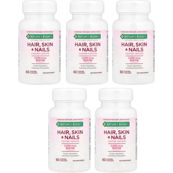 CABELLO PIEL Y UÑAS NATURE'S BOUNTY + BIOTINA 3000 MCG 60 TABLETAS | PACK 5