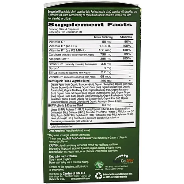 CALCIO GARDEN OF LIFE VITAMIN CODE RAW CON MAGNESIO + D3 + K2 120 CÁPSULAS | PACK 2