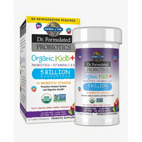 PROBIÓTICO GARDEN OF LIFE KIDS+ SHELF STABLE 5 BILLONES 14 CEPAS BERRY CHERRY 30 MASTICABLES