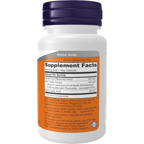 GLUTATIÓN NOW FOODS 500 MG CON CARDO MARIANO + ÁCIDO ALFA LIPOICO 30 CÁPSULAS