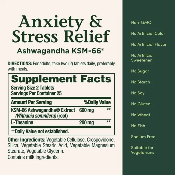 ASHWAGANDHA KSM-66 NATURE'S BOUNTY 600 MG + L-TEANINA 200 MG 50 TABLETAS