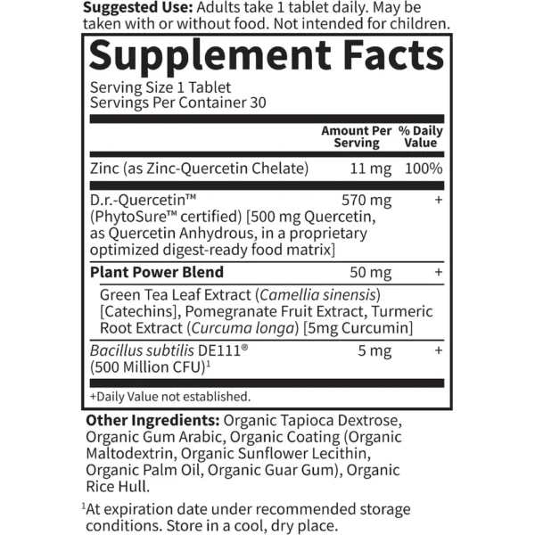 QUERCETINA GARDEN OF LIFE DR. FORMULATED RECOVERY 500 MG + ZINC 11 MG 30 TABLETAS