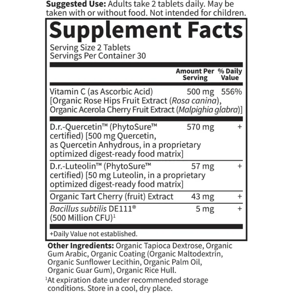 QUERCETINA GARDEN OF LIFE 500 MG + VITAMINA C 500 MG + LUTEOLINA 50 MG 60 TABLETAS