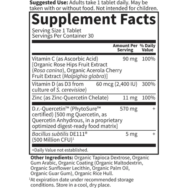 QUERCETINA GARDEN OF LIFE DR. FORMULATED IMMUNE 500 MG + VITAMINA C + D3 30 TABLETAS