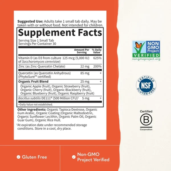 VITAMINA D3 + ZINC + QUERCETINA GARDEN OF LIFE DR. FORMULATED 5000 UI 30 TABLETAS
