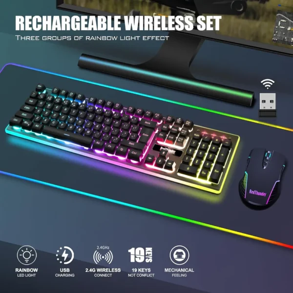 COMBO GAMER REDTHUNDER K10 TECLADO + MOUSE INALÁMBRICO 3200 DPI LED | NEGRO