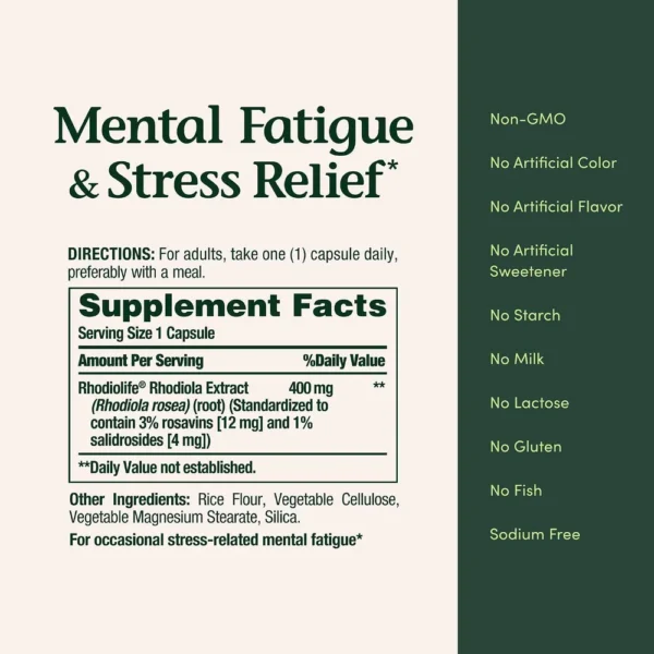 RODIOLA MENTAL FATIGUE & STRESS RELIEF NATURE'S BOUNTY 400 MG 30 CÁPSULAS