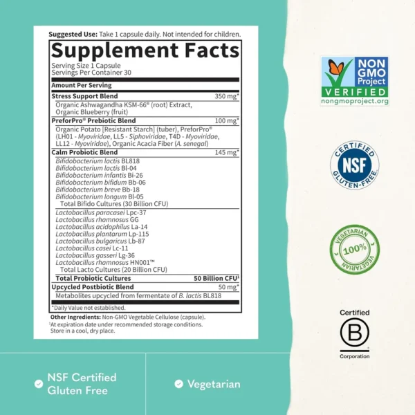 PROBIÓTICO GARDEN OF LIFE CALM 50 BILLONES 14 CEPAS + ASHWAGANDHA 300 MG 30 CÁPSULAS