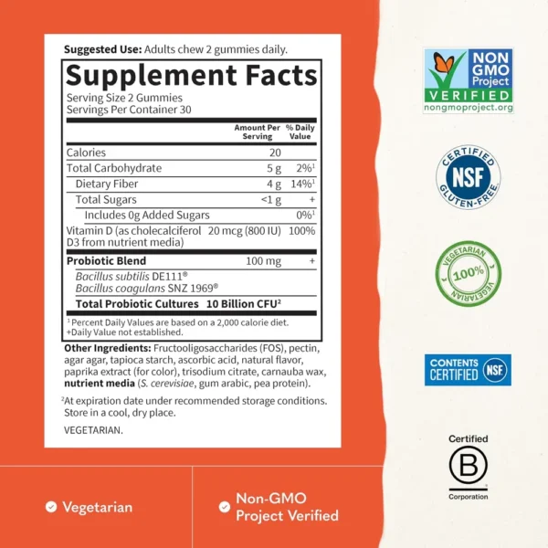 PROBIÓTICO GARDEN OF LIFE DR. FORMULATED 10 BILLONES 2 CEPAS + D3 800 UI NARANJA 60 GOMITAS