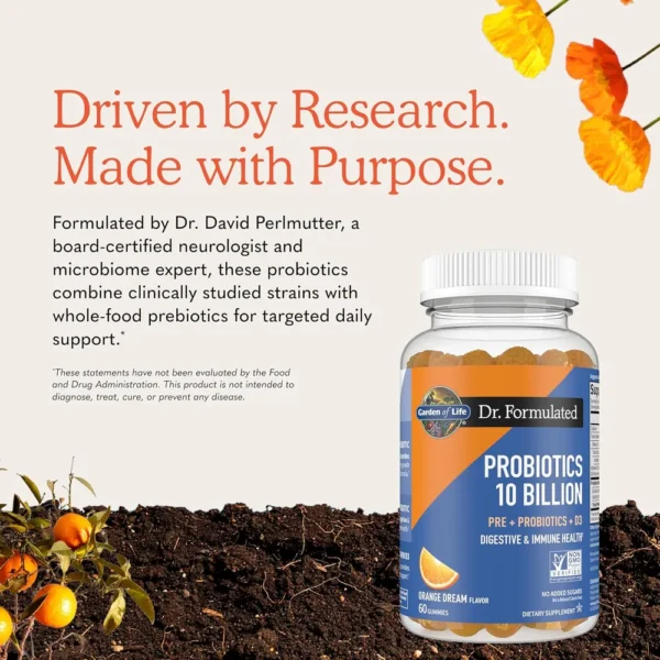 PROBIÓTICO GARDEN OF LIFE DR. FORMULATED 10 BILLONES 2 CEPAS + D3 800 UI NARANJA 60 GOMITAS
