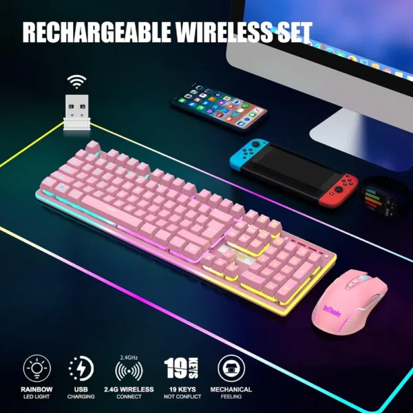COMBO GAMER REDTHUNDER K10 TECLADO + MOUSE INALÁMBRICO 3200 DPI LED | ROSADO