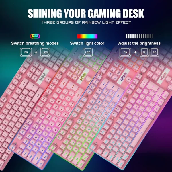 COMBO GAMER REDTHUNDER K10 TECLADO + MOUSE INALÁMBRICO 3200 DPI LED | ROSADO
