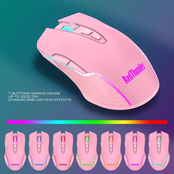 COMBO GAMER REDTHUNDER K10 TECLADO + MOUSE INALÁMBRICO 3200 DPI LED | ROSADO