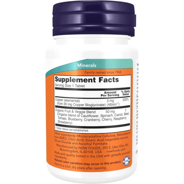 GLICINATO DE COBRE NOW FOODS 3 MG 120 TABLETAS