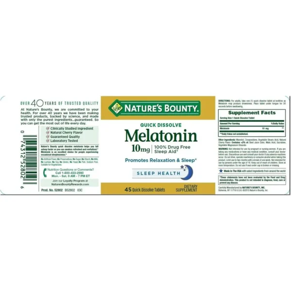 MELATONINA QUICK DISSOLVE NATURE'S BOUNTY 10 MG 45 TABLETAS | PACK 6