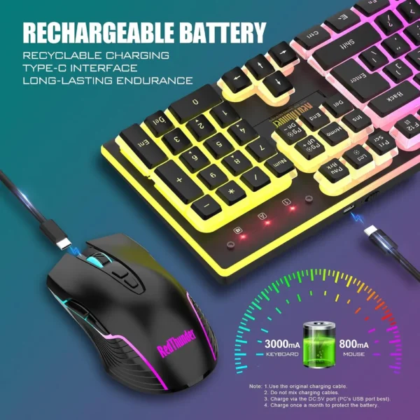 COMBO GAMER REDTHUNDER K10 TECLADO + MOUSE INALÁMBRICO 3200 DPI RGB PUDDING | NEGRO